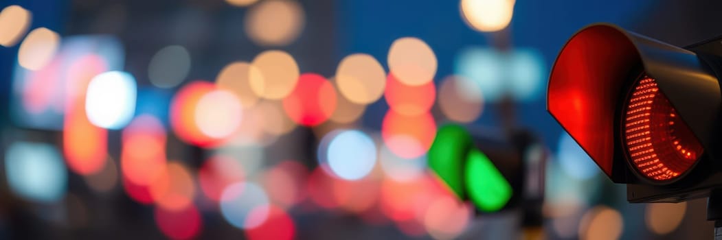 A traffic signal glows red and green at night with a backdrop of softly blurred city lights. The vibrant colors create a dynamic urban atmosphere filled with movement.