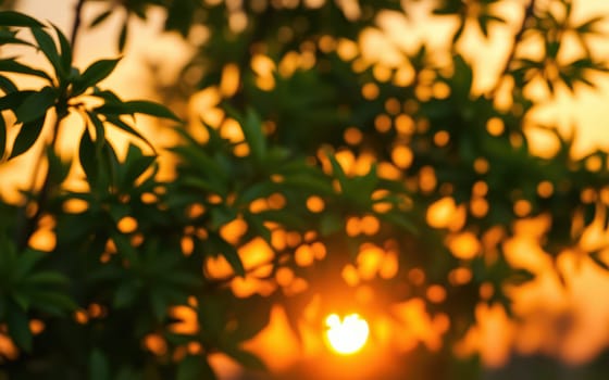 A beautiful sunset casts a warm glow as the sun sets behind leafy branches. The vibrant colors create a peaceful ambiance in the evening sky.