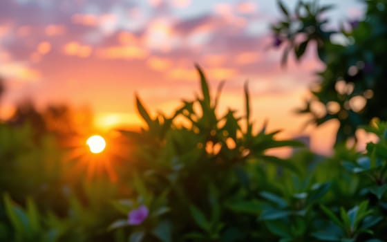 A vibrant sunset casts warm shades of orange and pink across the sky, framed by soft green leaves. The peaceful atmosphere captures the essence of a summer evening.