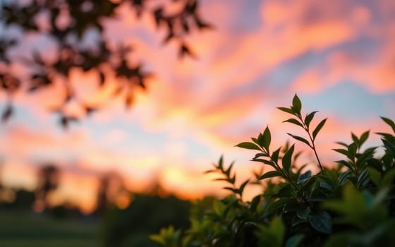 Vibrant colors fill the sky during sunset, creating a stunning backdrop behind lush green foliage. The peaceful scene captures the beauty of nature in the evening.