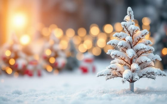 Small snow-covered trees stand in a snowy landscape, illuminated by warm festive lights. The scene captures the magic of the holiday season, evoking warmth and joy.