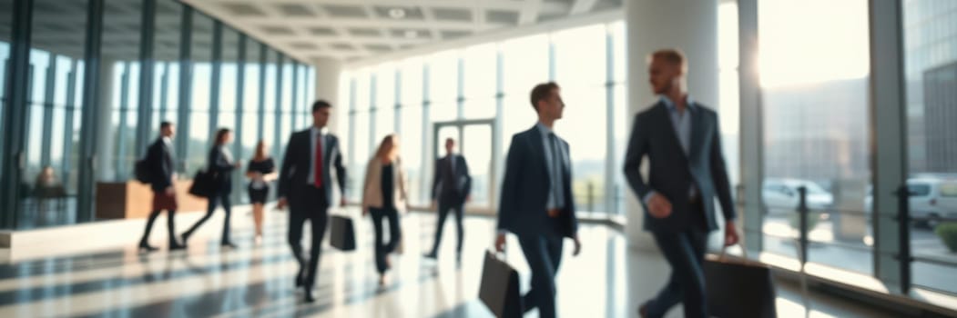 A group of business professionals in suits walks through a modern office lobby. The sun shines through large windows, creating a vibrant atmosphere filled with activity.