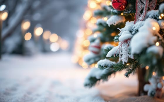 Beautifully decorated Christmas trees with sparkling lights and vibrant ornaments are nestled in a snowy landscape, creating a festive winter atmosphere.