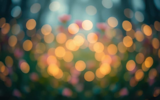 Colorful flowers are softly illuminated in a natural setting, surrounded by gentle light and a tranquil atmosphere. Early morning creates a peaceful ambiance in this floral landscape.