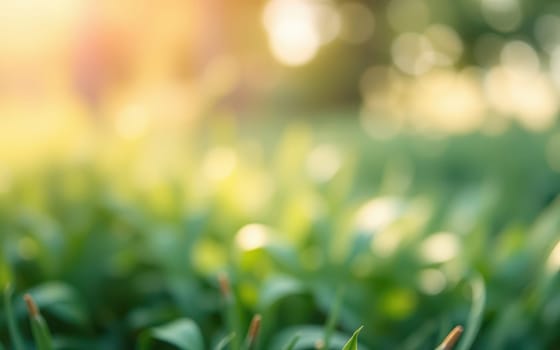 Bright green grass stretches across the ground, illuminated by warm sunlight filtering through trees in the late afternoon. Gentle bokeh creates a serene atmosphere.