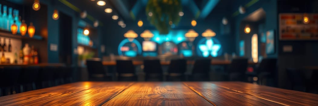 A warm and inviting bar interior features wooden tables and soft lighting, creating a cozy atmosphere for patrons. The design emphasizes modern decor with blue accents.