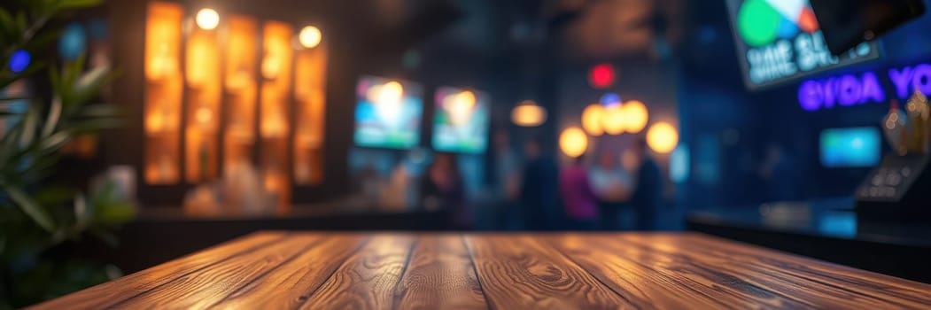 A wooden table is set in a trendy bar with soft lighting and vibrant decor, ideal for enjoying drinks and conversations with friends in a contemporary setting.