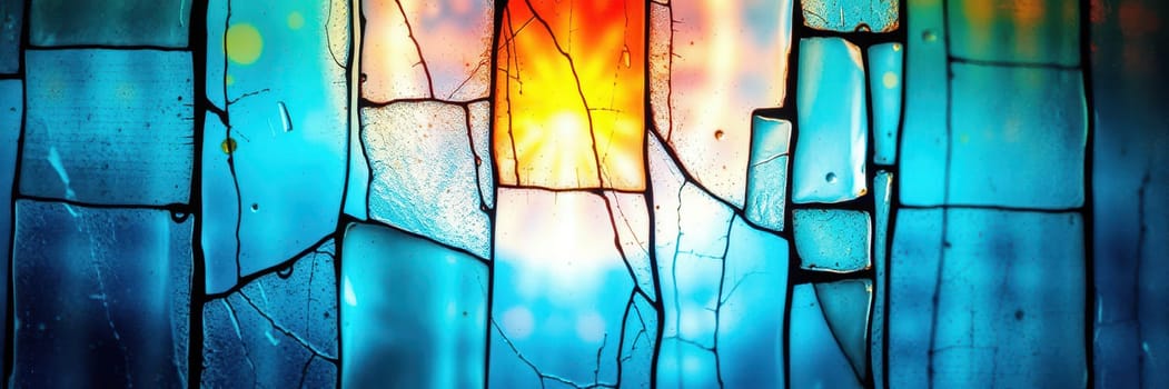 Vibrant stained glass panels filter sunlight, casting colorful reflections and intricate patterns on nearby surfaces. The play of light creates a mesmerizing atmosphere.