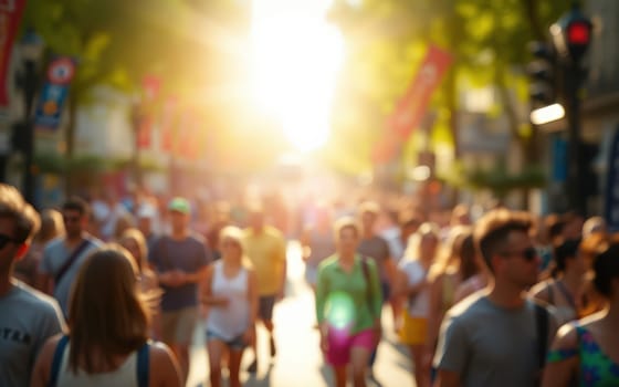 People walk through a bustling street illuminated by the sun, surrounded by trees and colorful decorations. The atmosphere is lively and energetic, showcasing city life in full swing.
