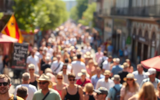 The bustling street is alive with people celebrating a cultural festival under the warm sun. Colorful flags flutter while vendors offer local treats, creating a joyful atmosphere.