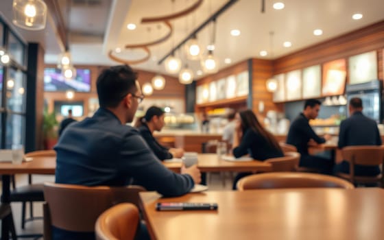 Groups of individuals engage in conversations while sipping beverages in a cozy, contemporary cafe filled with warm lighting and a welcoming atmosphere in the afternoon.