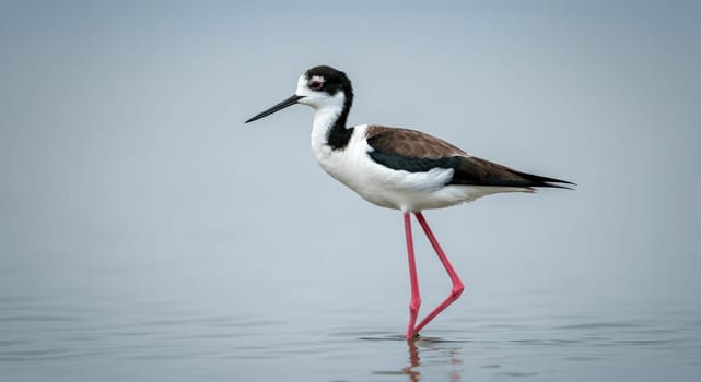 A striking black-necked stilt wades gracefully in calm, reflective waters. its long red legs and contrasting black and white plumage create a captivating scene in nature. this elegant bird stands in shallow water against a soft, blurred background.