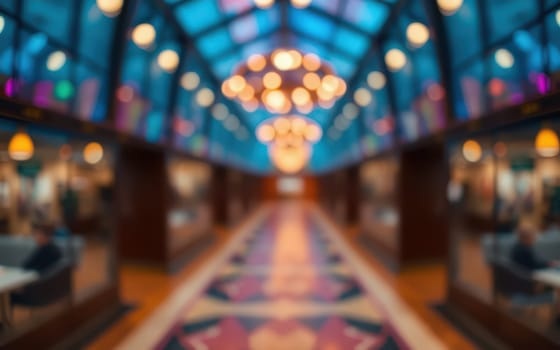 A lively corridor features a stunning ceiling with hanging lights and colorful accents. The floor displays an intricate design, creating a welcoming atmosphere for guests.