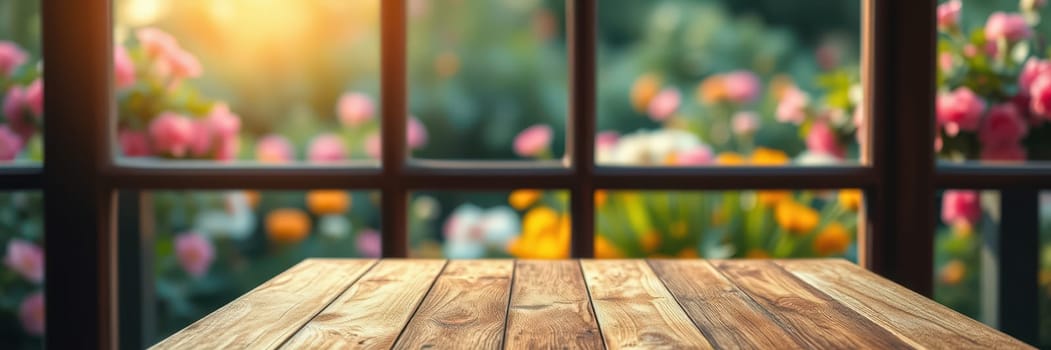 A wooden table is positioned against a window, overlooking a garden filled with colorful flowers during sunset, creating a warm and inviting atmosphere perfect for relaxation.