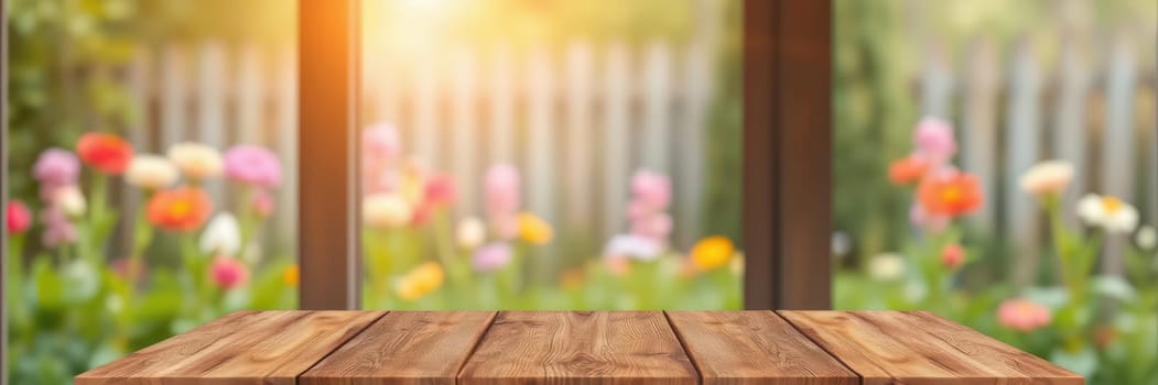 Soft sunlight filters through a window, illuminating a rustic wooden table. In the background, vibrant flowers bloom in a lush garden, creating a peaceful atmosphere.