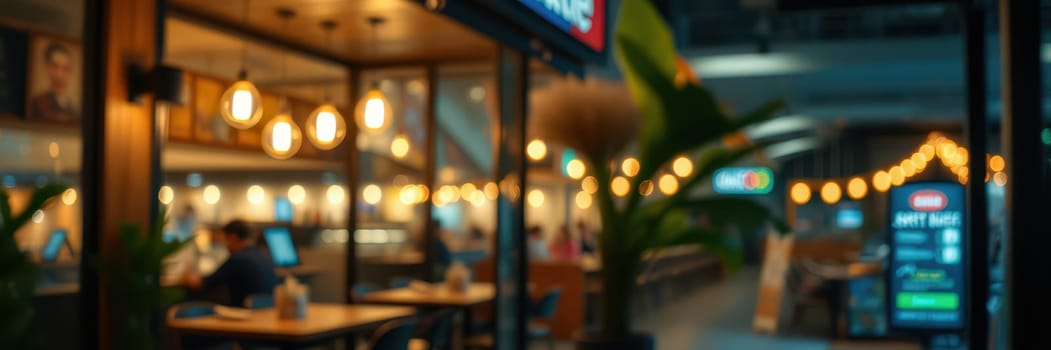 A cozy cafe features warm lighting and modern decor, filled with people enjoying beverages and working on laptops, creating an inviting atmosphere during the evening.