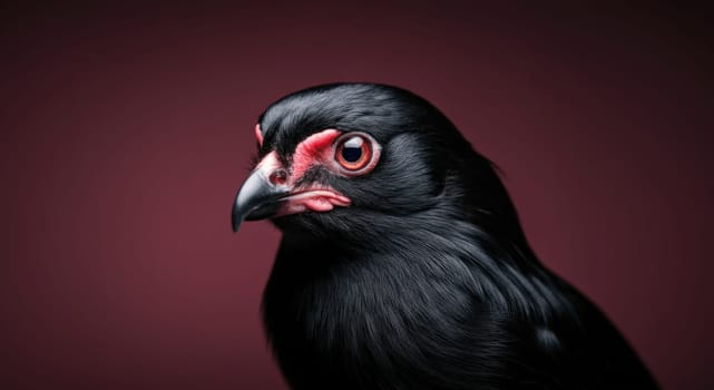 Close-up of a black bird with striking red and black contrasting features, set against a deep red background. the bird's intense gaze and sharp beak convey a sense of mystery and elegance.