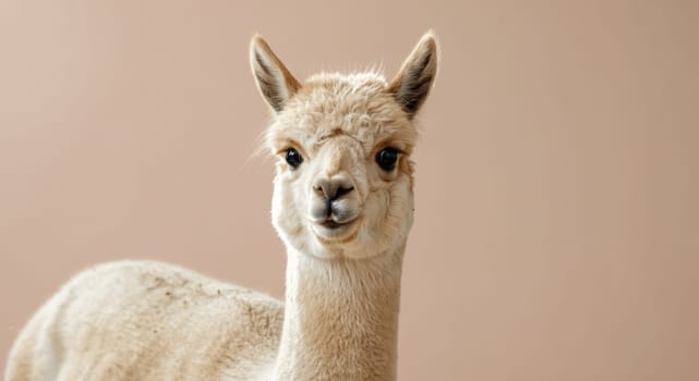 A close-up portrait of a fluffy alpaca with light beige fur, set against a gentle pastel backdrop. the alpaca's curious expression and delicate features are highlighted in this charming, serene scene.