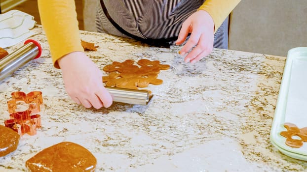 Using various festive cookie cutters, we're cutting out charming gingerbread cookies from the rolled dough on the sleek marble counter, bringing holiday cheer to the modern kitchen.
