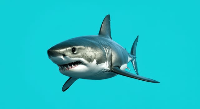 Great white shark gracefully swimming in the clear turquoise ocean, showcasing its powerful form and distinctive features. the vibrant background enhances the majestic presence of this apex predator in its natural habitat.