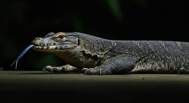 Asian water monitor lizard lies on a surface, its textured skin highlighted under natural light. the lizard's tongue is partially extended, showcasing a moment in its natural behaviors amid a dark, blurred background.