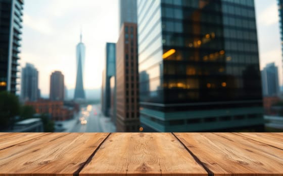 A wooden table is positioned in the foreground, overlooking a modern city skyline at twilight. Skyscrapers reflect warm lights as the street comes alive with activity.