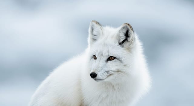 A stunning arctic fox with a dense, white winter coat stands against a soft, blurred snowy background. the fox’s attentive gaze and striking features reflect the essence of winter’s beauty and wilderness.
