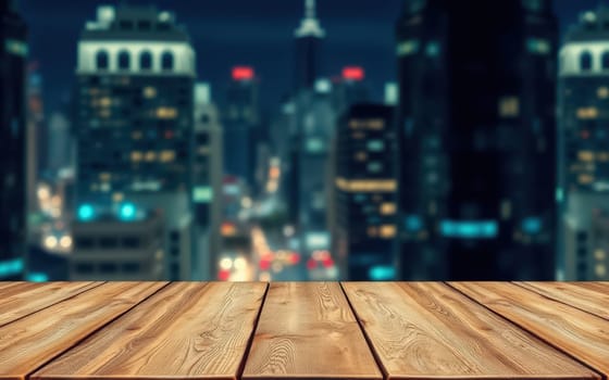 A wooden table stands in the foreground, offering a close-up view, while a vibrant city skyline twinkles with lights under the night sky, creating a lively urban atmosphere.