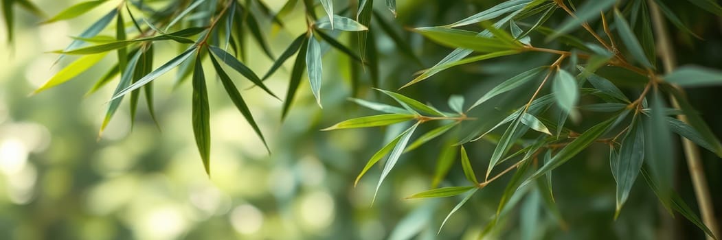 Lush bamboo leaves stretch outwards, illuminated by soft sunlight, creating a peaceful atmosphere in a natural setting. The vibrant green tones enhance the tranquility.