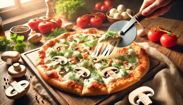 Two freshly baked pizzas rest on metal trays atop a rustic wooden table. One features a creamy white sauce with ricotta cheese, and the other is topped with mushrooms, fresh dill, and melted mozzarella. The pizzas have crispy golden edges, with a small bowl of red pepper flakes nearby, perfect for a cozy meal.