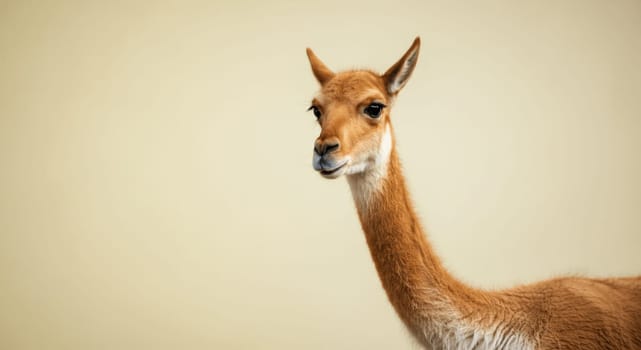 A close-up portrait of a vicuna with a neutral background, its elegant features and soft brown fur. ideal for wildlife conservation and nature-themed designs focusing on south american fauna.