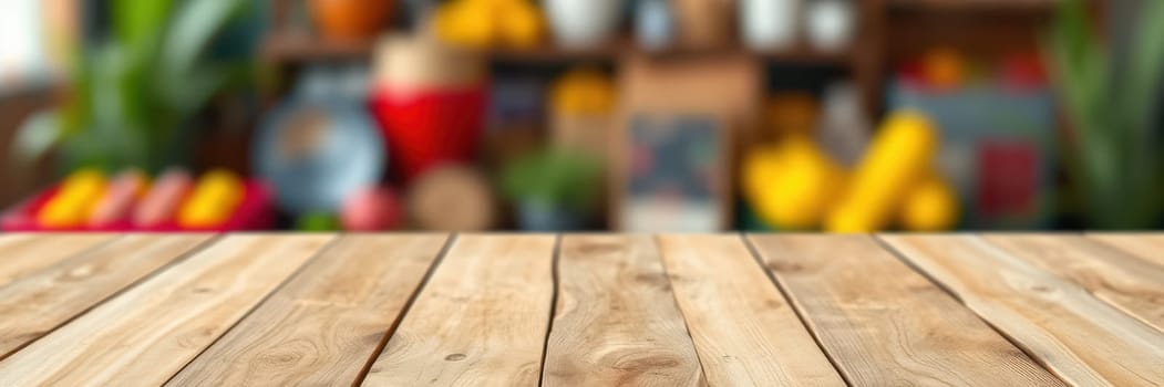 A wooden table is centered in the foreground, showcasing its natural grain, while a lively market background features an assortment of colorful fruits and vegetables.