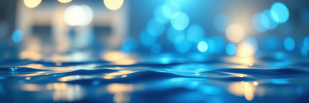 Gentle waves move across the water's surface, shimmering with reflections of soft blue light in a cozy indoor environment during the evening. The atmosphere feels serene and inviting.