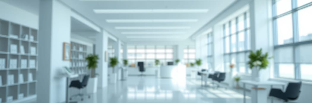 A spacious office featuring large windows that allow natural light to flood in, with greenery and modern furniture creating a productive atmosphere during work hours.
