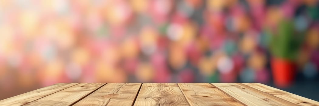 A wooden table stands prominently in the foreground, showcasing its grain and texture. In the background, vibrant colors create a lively atmosphere, suggesting a cozy indoor setting.