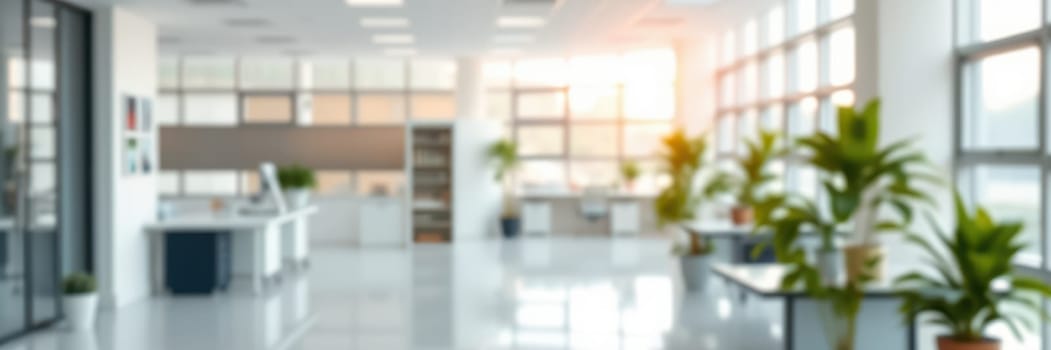 A spacious office features bright sunlight streaming through large windows, illuminating workstations and plants, creating a vibrant and productive atmosphere.
