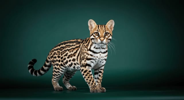 A stunning ocelot stands against a deep green background, showcasing its unique coat patterns and keen expression. ideal for promoting wildlife conservation and appreciation of natural beauty.