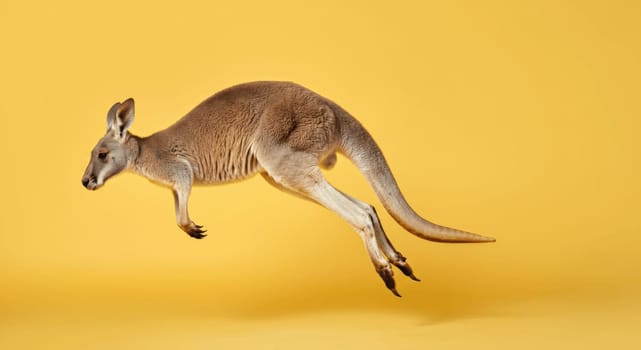 A kangaroo captured mid-jump against a vivid yellow backdrop, its dynamic motion and distinctive features. perfect for designs showcasing wildlife, nature themes, or vibrant color palettes.