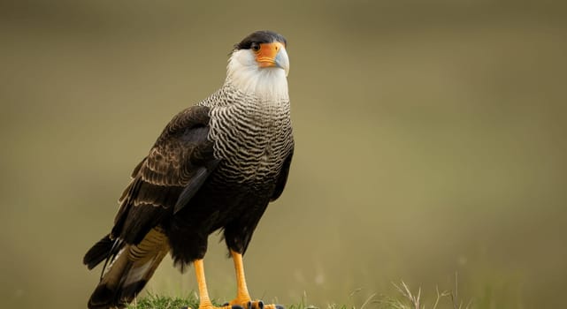 Crested caracara stands proudly in a natural setting, showcasing its distinctive features. this striking bird of prey, native to south america, is known for its bold black and white plumage and bright orange facial markings.