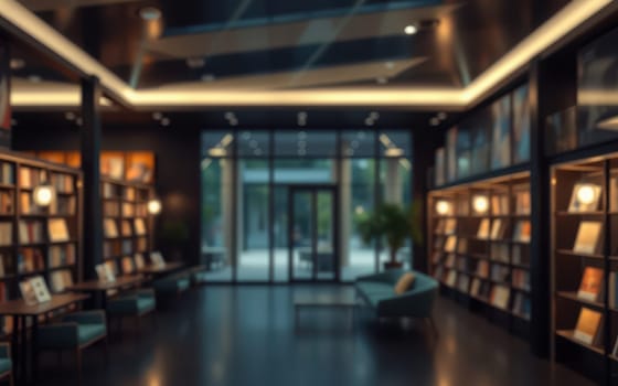A library features wooden shelves lined with books, soft lighting, and comfortable seating. Large windows provide a peaceful view of the outside, creating a serene atmosphere.