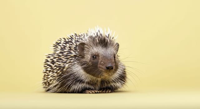 A cute hedgehog with spiky quills poses on a vibrant yellow backdrop, capturing the charm of wildlife. ideal for nature enthusiasts and educational content about small mammals.