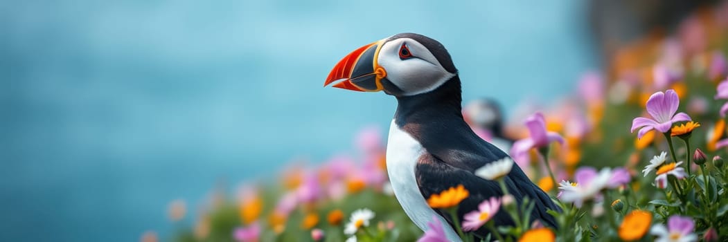 A puffin is perched among vibrant wildflowers at the edge of a cliff, overlooking a calm blue ocean. The sun shines on the scene, creating a picturesque moment in nature.