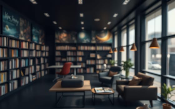 A modern library showcases large bookshelves filled with various titles. Comfortable chairs and tables provide spaces for reading and studying. Large windows illuminate the cozy atmosphere.