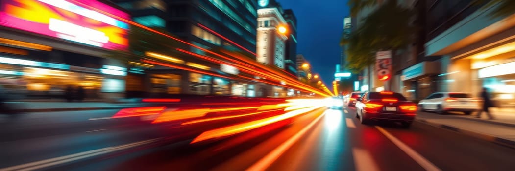 A vibrant city street comes alive at night with colorful lights reflecting off buildings. Cars speed by, creating streaks of red and white as they navigate the bustling urban environment.