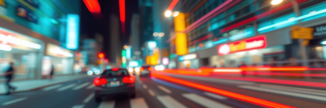 Cars move swiftly through a bustling urban street at night, surrounded by colorful lights and glowing storefronts, creating a lively metropolitan vibe.