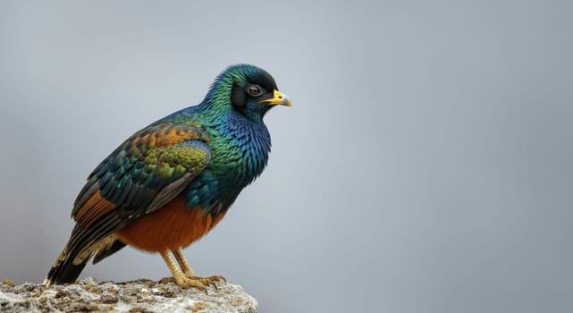 A close-up of a vibrantly colored bird perched on a rock, showcasing its iridescent plumage. the bird's striking mix of blues, greens, and oranges stands out against a soft, neutral background, its unique beauty.