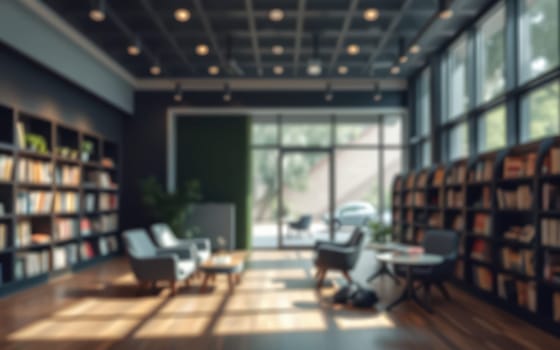 Soft sunlight streams through large windows of a modern library, illuminating a cozy reading nook with comfortable chairs, a table, and shelves filled with books, inviting visitors to relax.