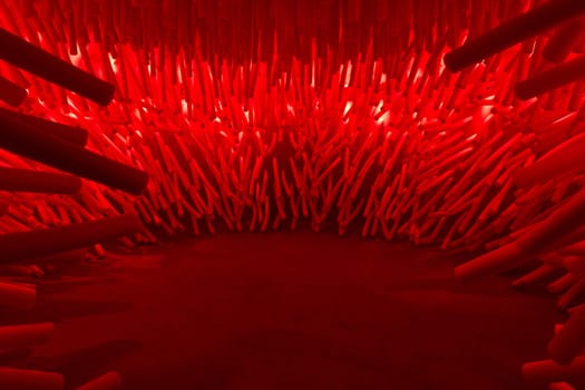 A captivating abstract space filled with striking red organic forms, creating an immersive experience