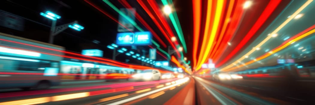 Colorful streaks of light illuminate a bustling street at night as vehicles move quickly, capturing the energy of urban life during a busy evening.