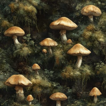Explore a captivating scene of various forest mushrooms thriving in their lush green habitat celebrating nature's diversity.